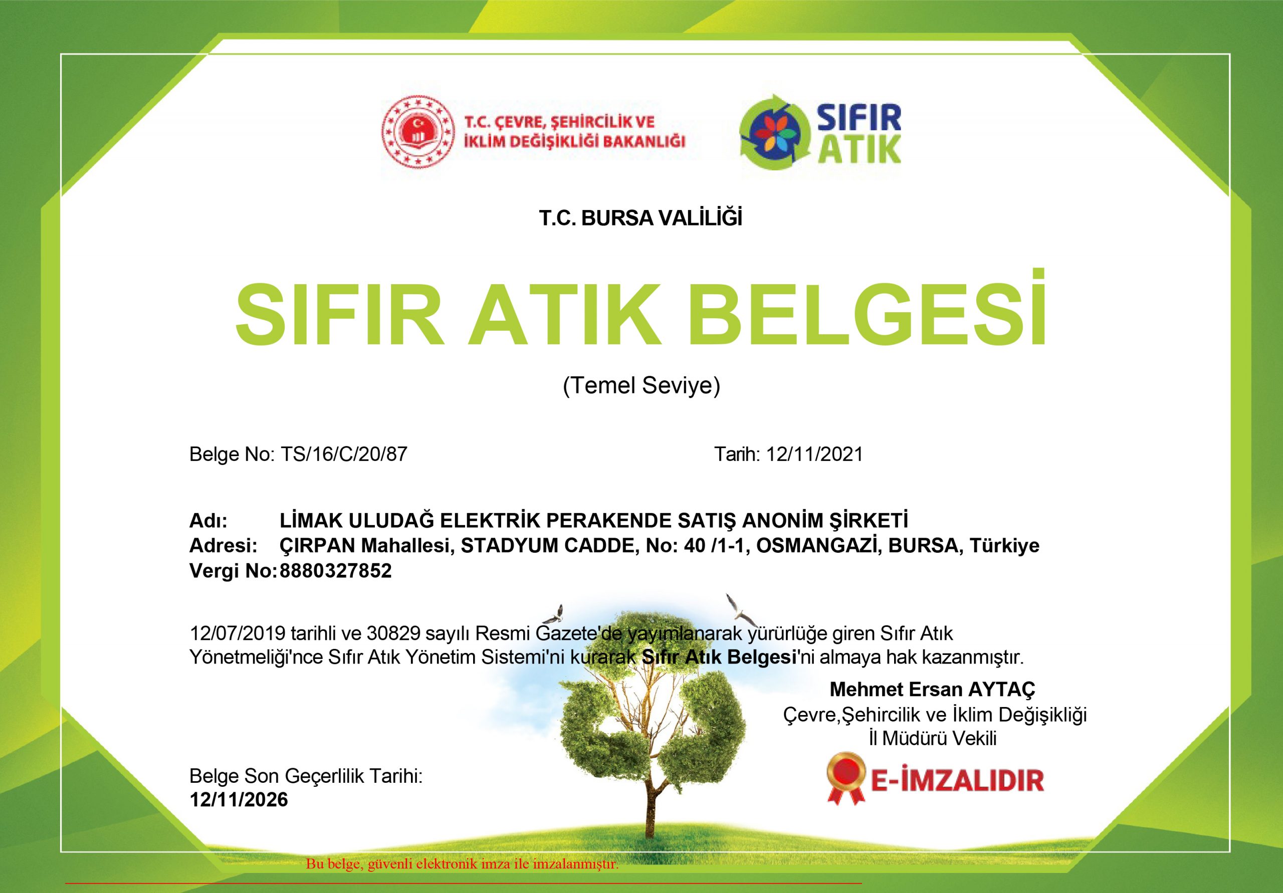 Limak Enerji Uludağ Elektrik ‘Sıfır Atık Belgesi’ almaya hak kazandı